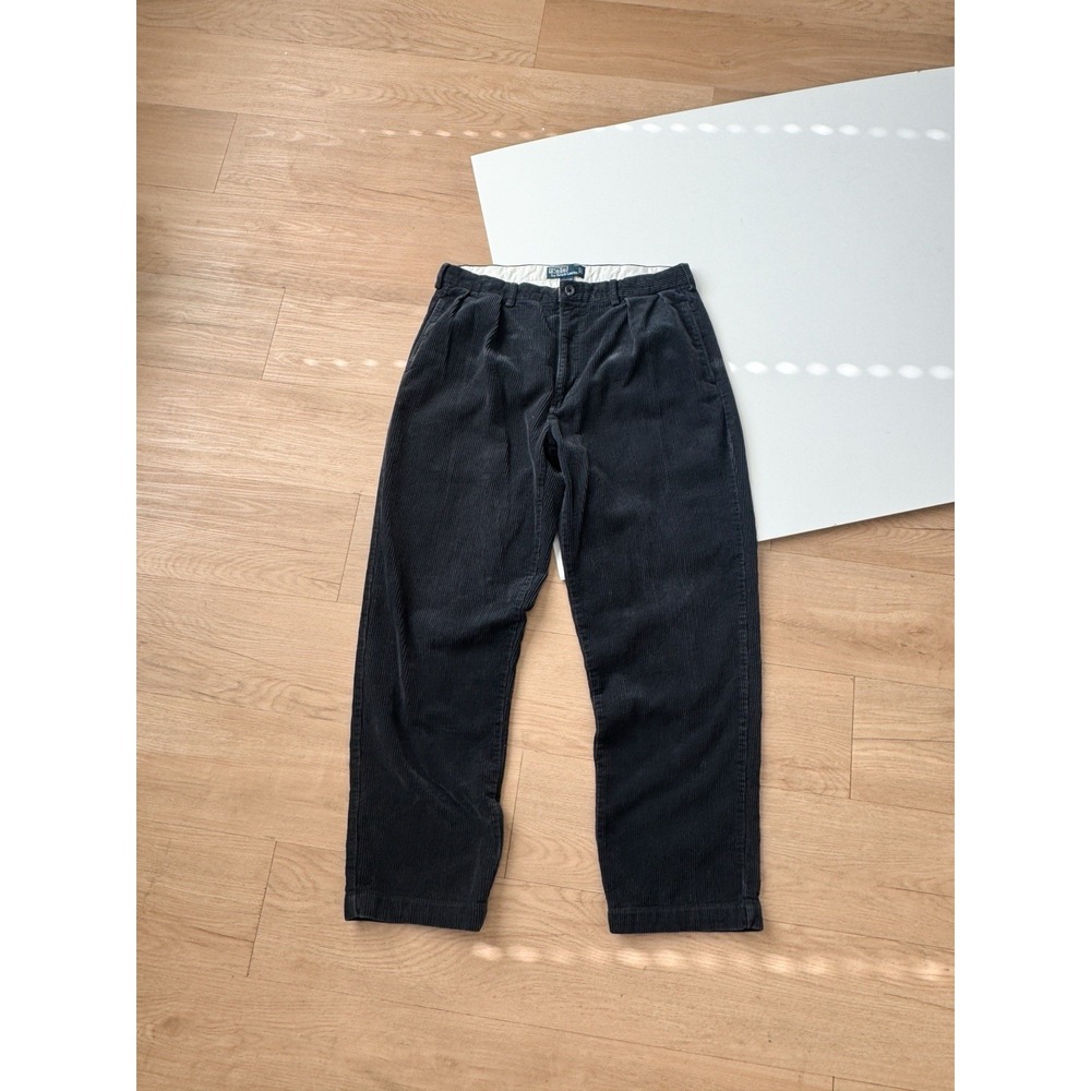 Vintage Polo Ralph Lauren Trousers Andrew Pants 35x30 Corduroy Navy Blue Pleated